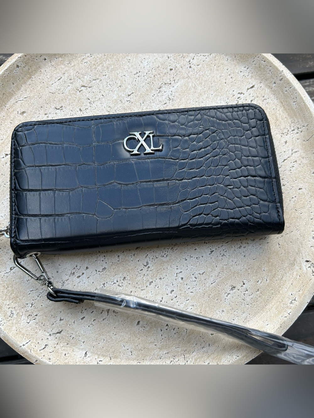 Christian‎ Lacroix Black Croc-Embossed Wristlet Clutch with Silver Hardware